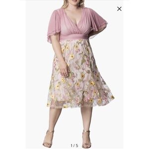 Kiyonna Embroidered Cocktail Dress Flutter Sleeve Pink Plus Size 0X 10/12 NEW